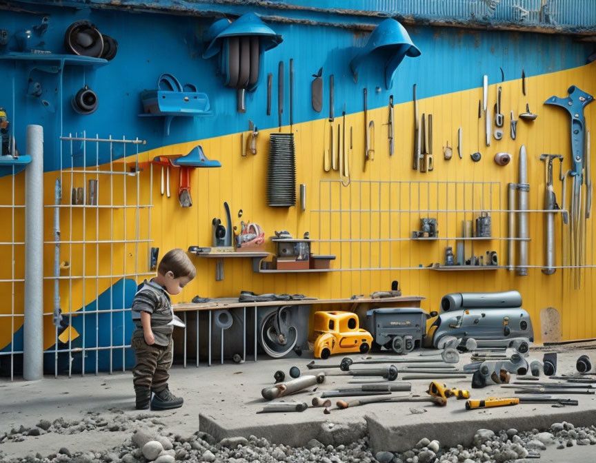 Child observing tools on ground against vibrant wall with organized tools.