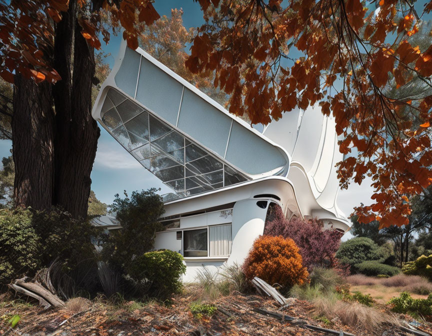 Modern architectural structure with glass panels in autumn foliage