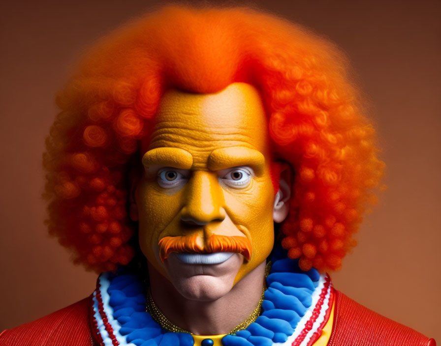 Vibrant 3D illustration: Clown character with orange hair, blue eyes, orange mustache