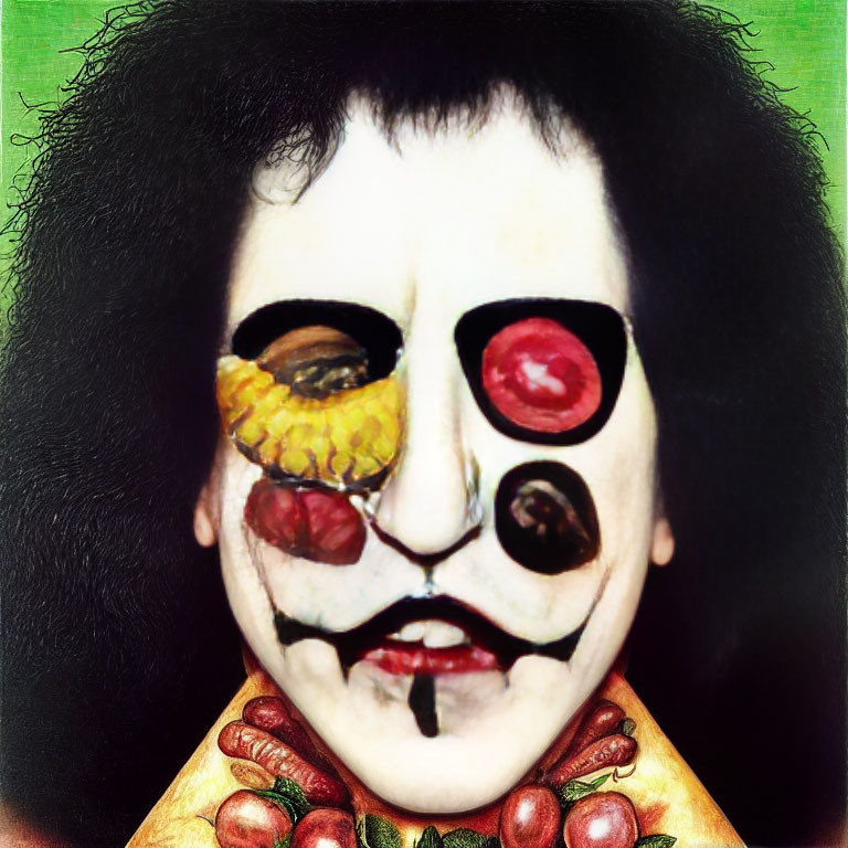 Surreal portrait with clown-like makeup and fruit features