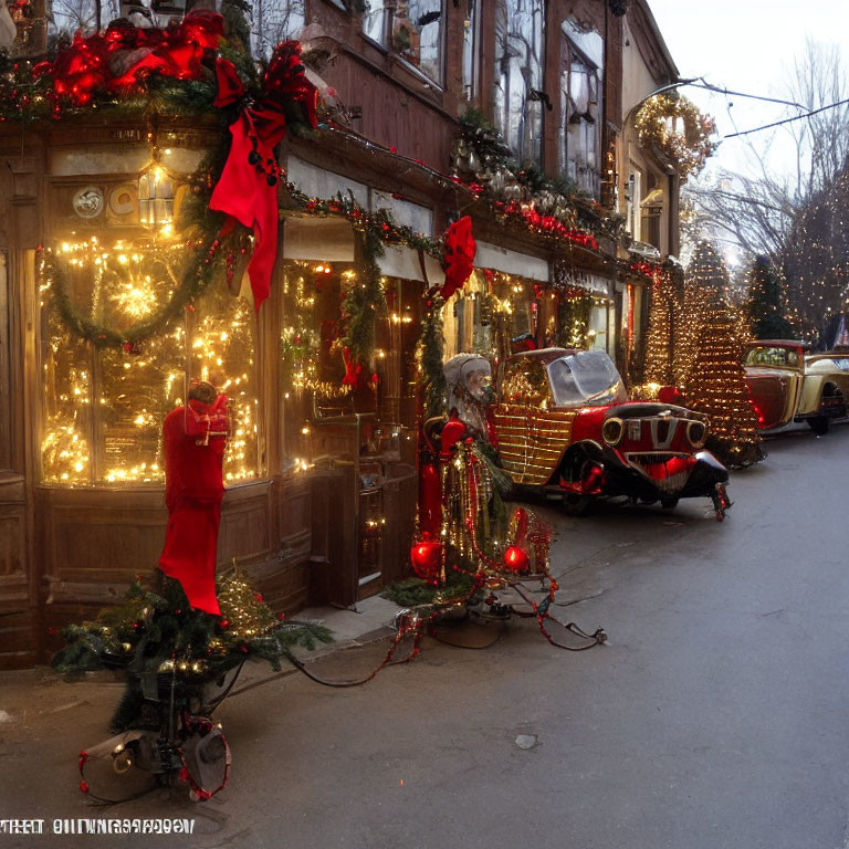 Festive Street Scene with Christmas Decorations and Vintage Car