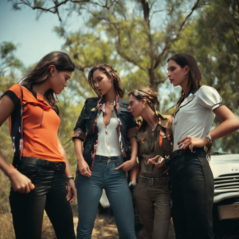 Four Women Posed Outdoors in Stylish Casual Attire with Vintage Car