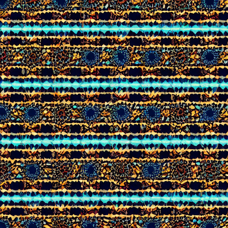 Colorful abstract pattern with layered stripes and splatters in blue, orange, and black