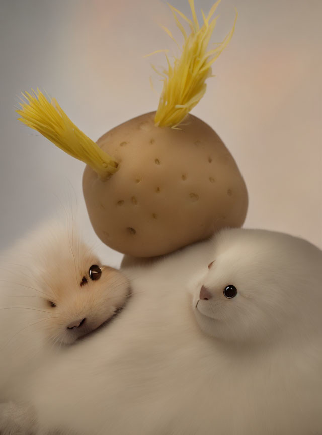 Two fluffy white seals with expressive eyes and unique head adornments.