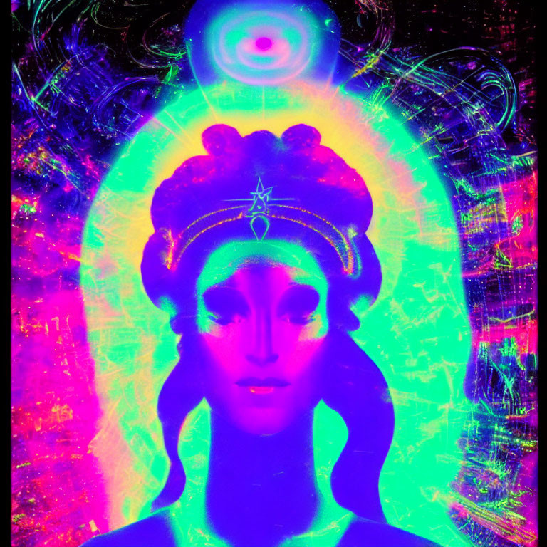 Colorful Psychedelic Artwork of Female Figure with Aura and Third Eye