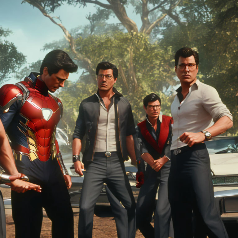 Four stylized male characters in forest setting with Iron Man suit character by car