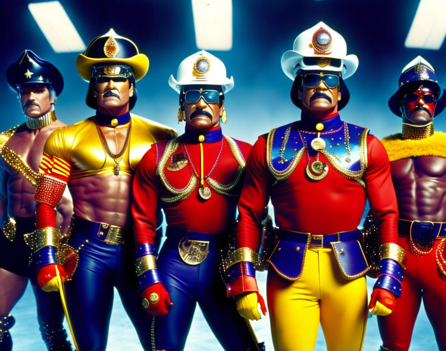 Group of Five Men in Colorful Costumes Representing Various Professions