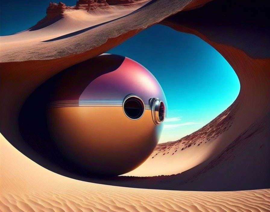 Reflective sphere with eyeglass-like lenses in desert landscape