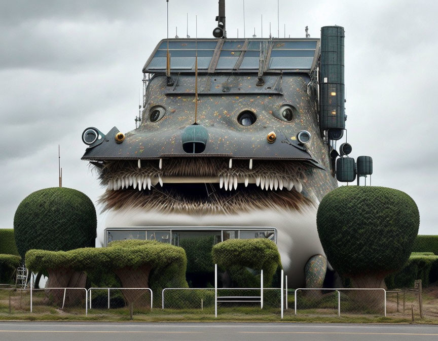 Monstrous face design: round eye windows, sharp teeth, hairy facade