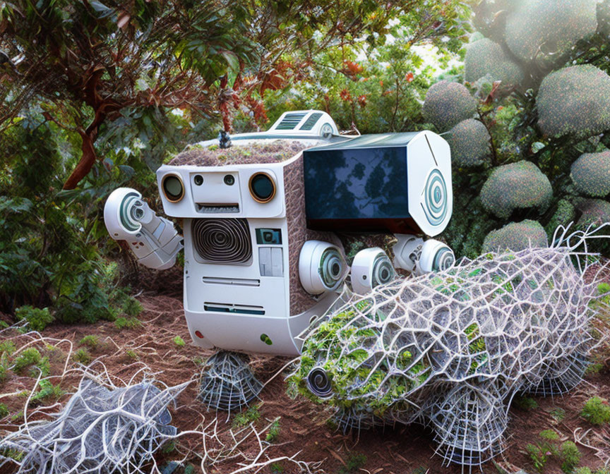 Whimsical robot tending garden with green plants and white structures