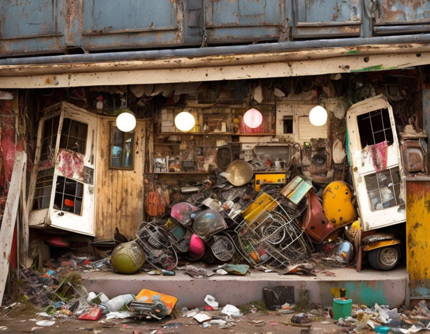 Cluttered Scene with Discarded Items and Dilapidated Building