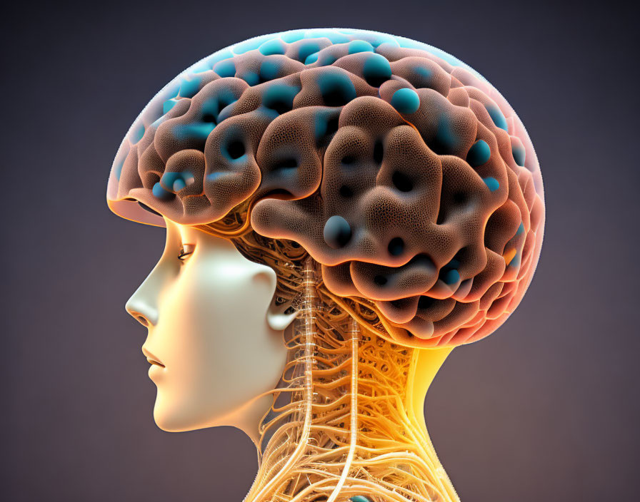 Detailed Human Head Profile Illustration with Transparent Skull and Brain Regions