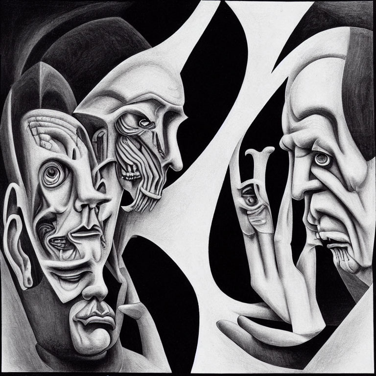 Abstract pencil drawing of intertwined faces and hands with surreal, Escher-like quality