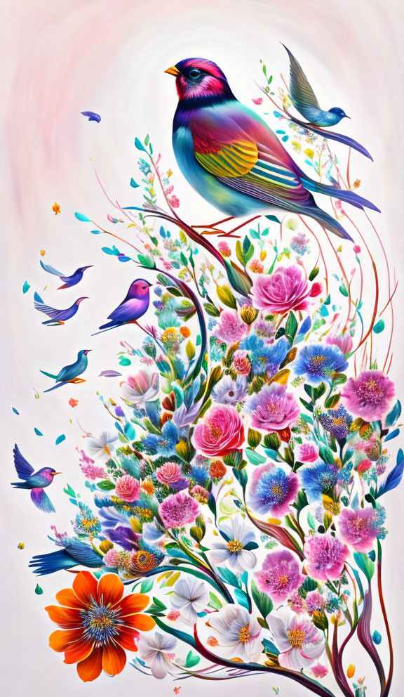 Colorful Bird Perched on Vibrant Flowers with Fluttering Birds