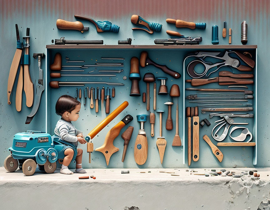 Child with saw surrounded by woodworking tools display