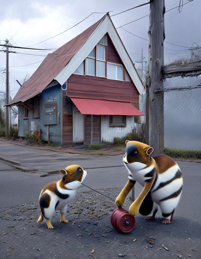 Anthropomorphic striped creatures by a narrow, warped house on overcast day