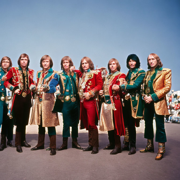 Seven individuals in colorful military-style band uniforms against blue sky