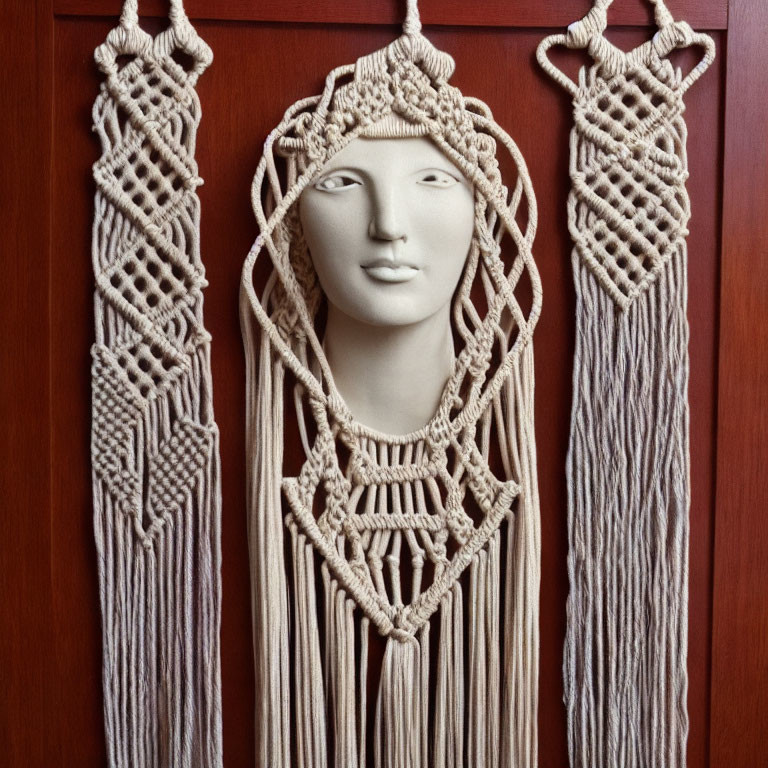 Serene mannequin head with macramé headdress and tassels