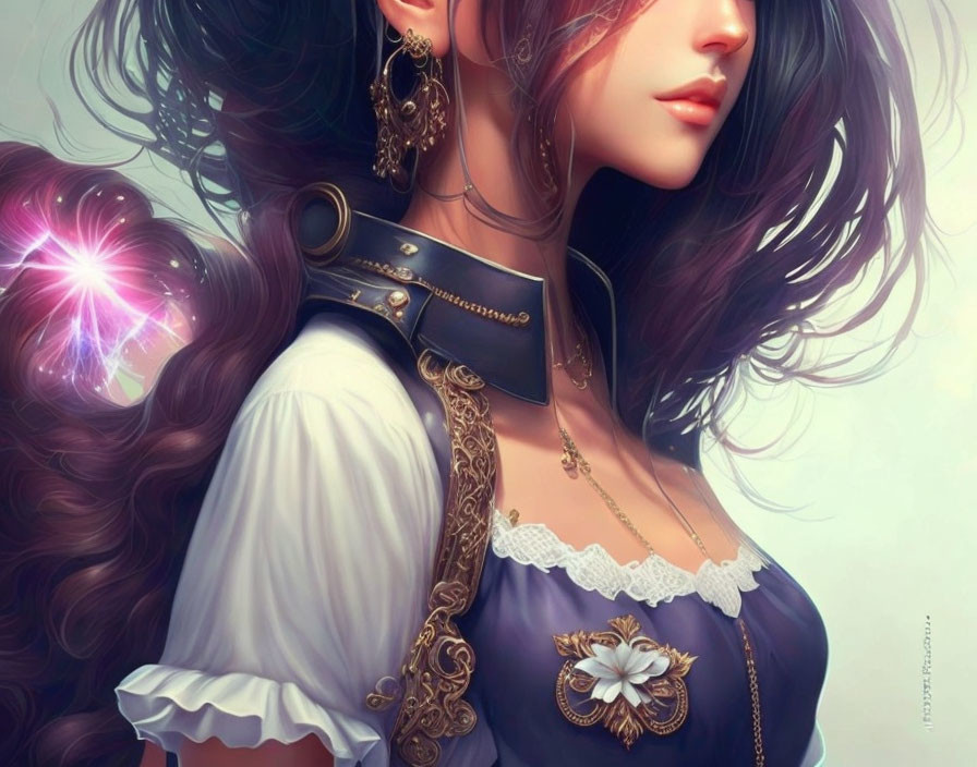 Detailed illustration: Woman with long flowing hair, lace blouse, choker necklace, and sparkling light