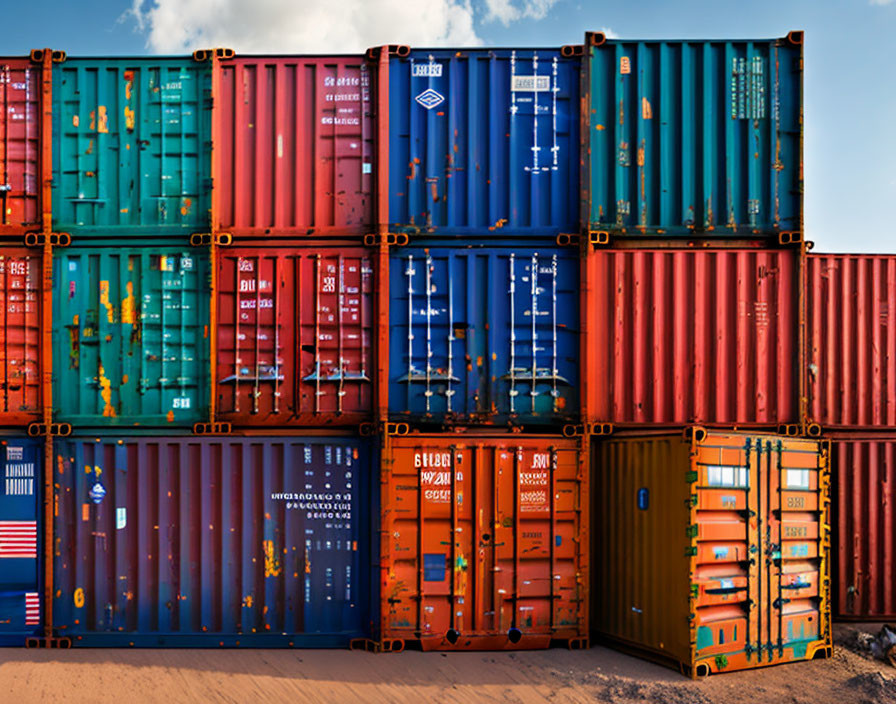 Vibrant stacked shipping containers with company logos under blue sky