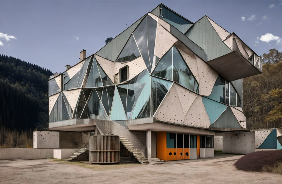 Geometric Glass and Concrete Building Amid Forested Landscape