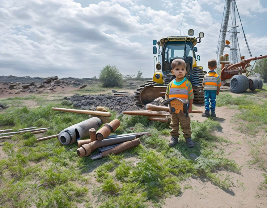 Children in high-visibility vests by construction machinery under cloudy sky