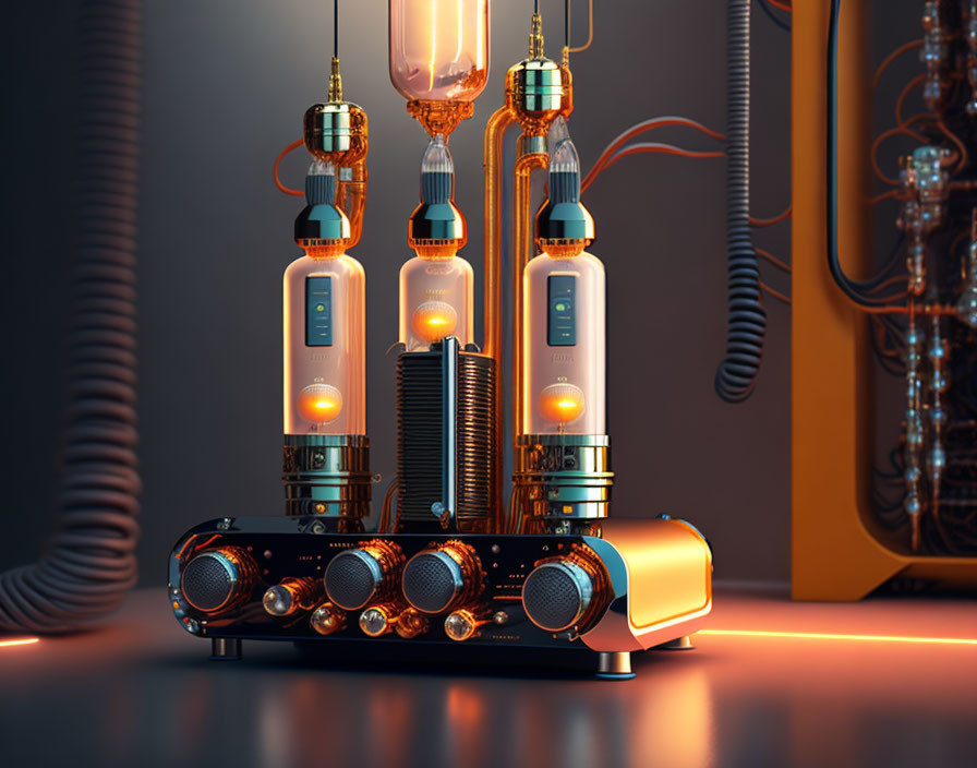 Futuristic vacuum tube amplifier with illuminated tubes and intricate metalwork