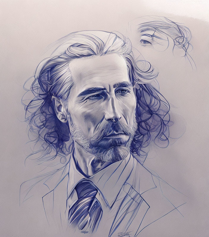 Portrait of man with long curly hair, beard, and suit.