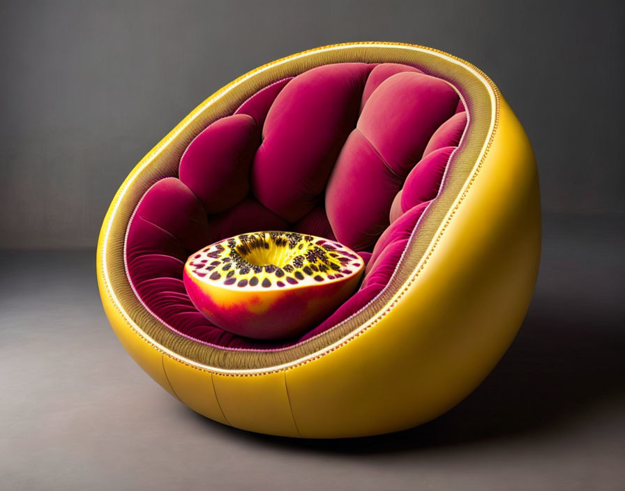 Circular Yellow Sofa with Pink Petal Cushions & Passion Fruit Center