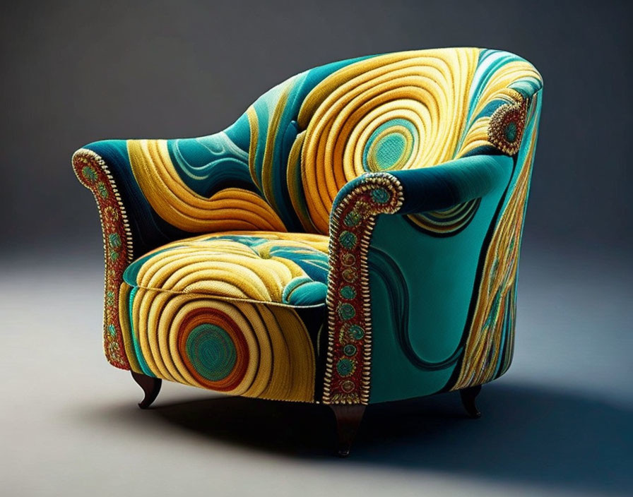 Swirling blue and yellow patterned chair on gradient background