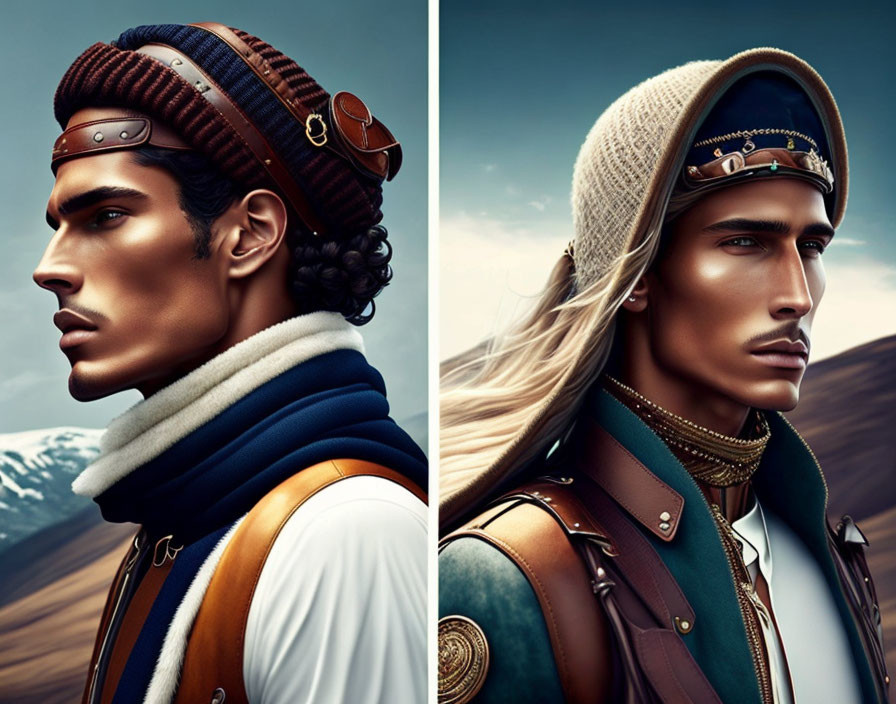 Stylized portraits of a man in fashionable attire against mountain backdrop