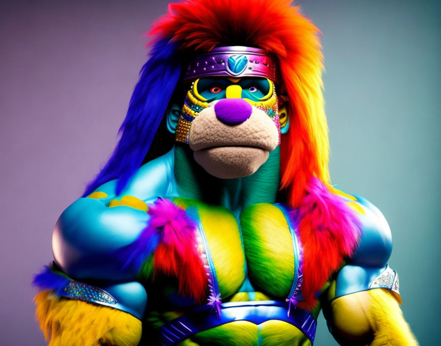 Colorful humanoid lion figure with vibrant blue and green body, adorned with orange, blue, and purple