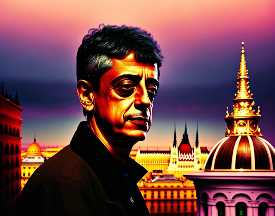 Colorful Stylized Portrait of Man with Graying Hair and Historical Buildings Silhouettes