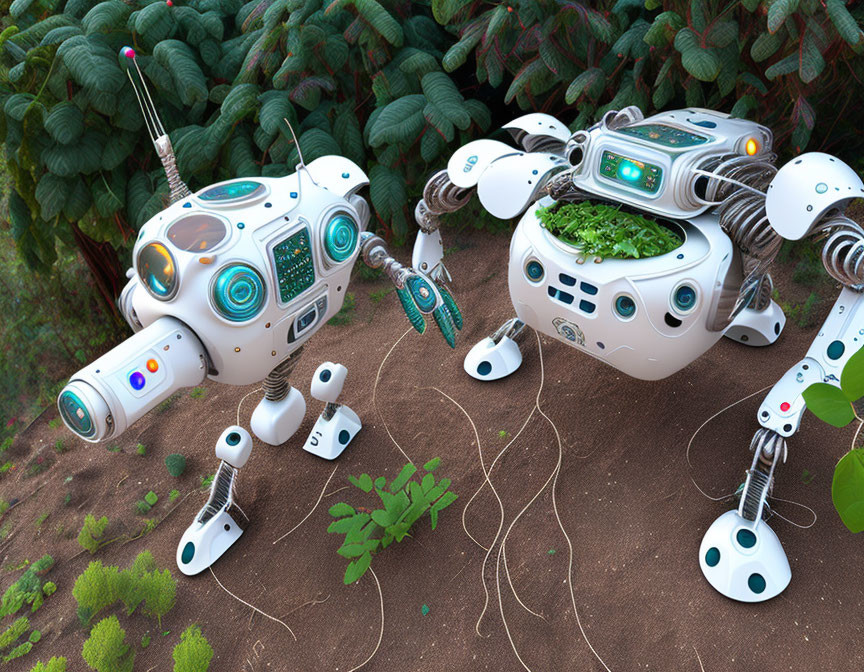 Futuristic robots tending to green plants in lush environment