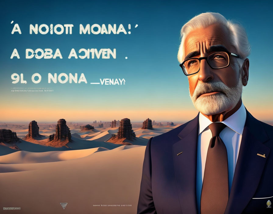 Elderly man in suit with white hair and beard in desert landscape with mirrored text.