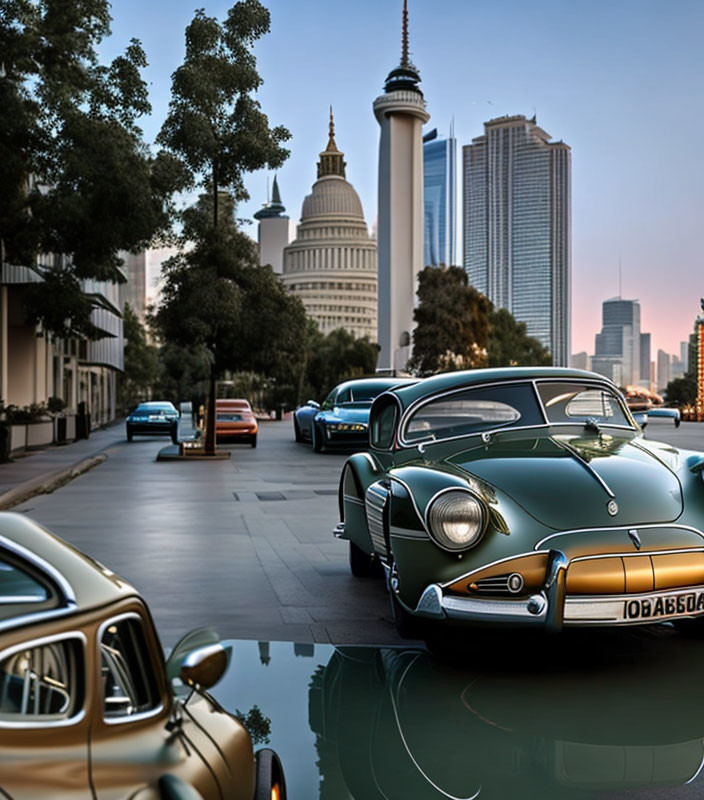 Classic Cars Parked on City Street with Modern Skyscrapers at Dusk