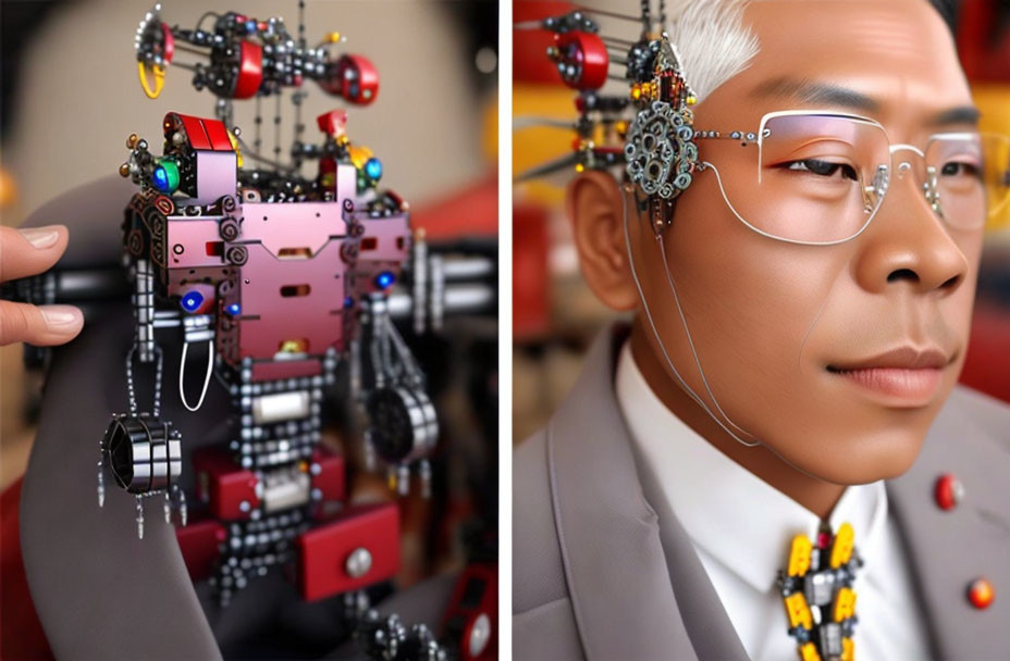 Man in Glasses Merged with Robotic Body of Gears and Parts