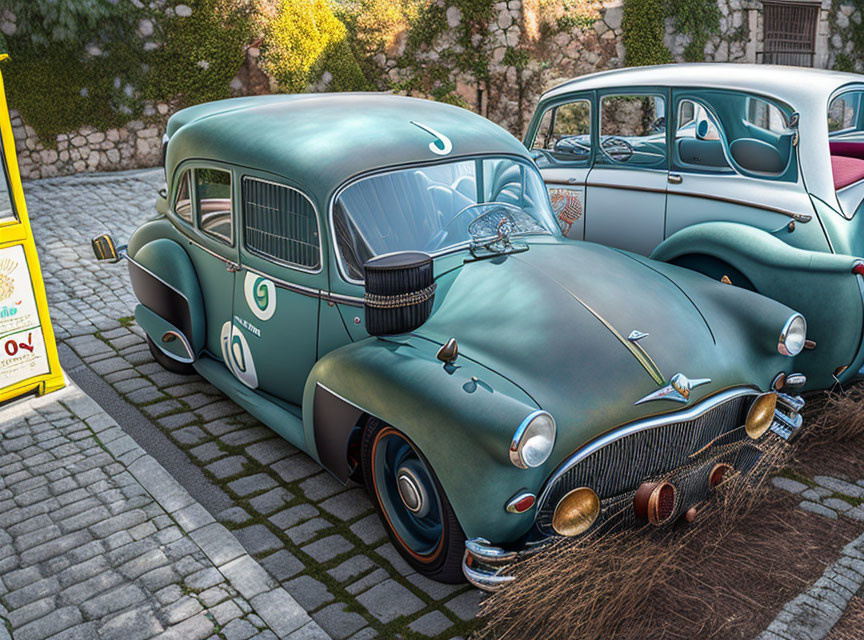 Vintage Teal Race Car Number 9 on Cobblestone Street with Classic Blue Car and Gas Pump