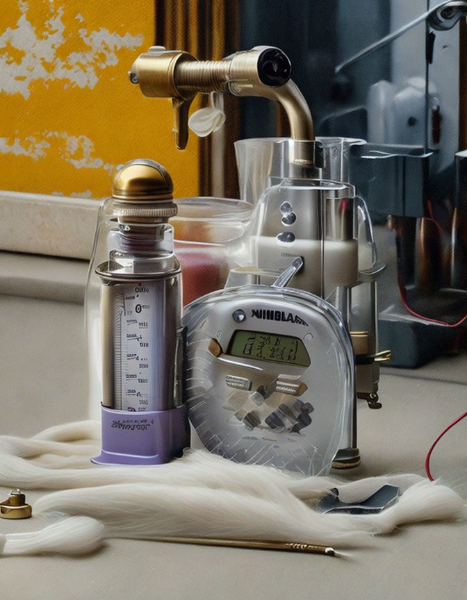 Hair Salon Tools: Hairdryer, Brush, Clock on Counter with Blond Hair Strands