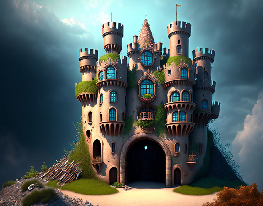 Fantasy castle with turrets and greenery on hill at dusk