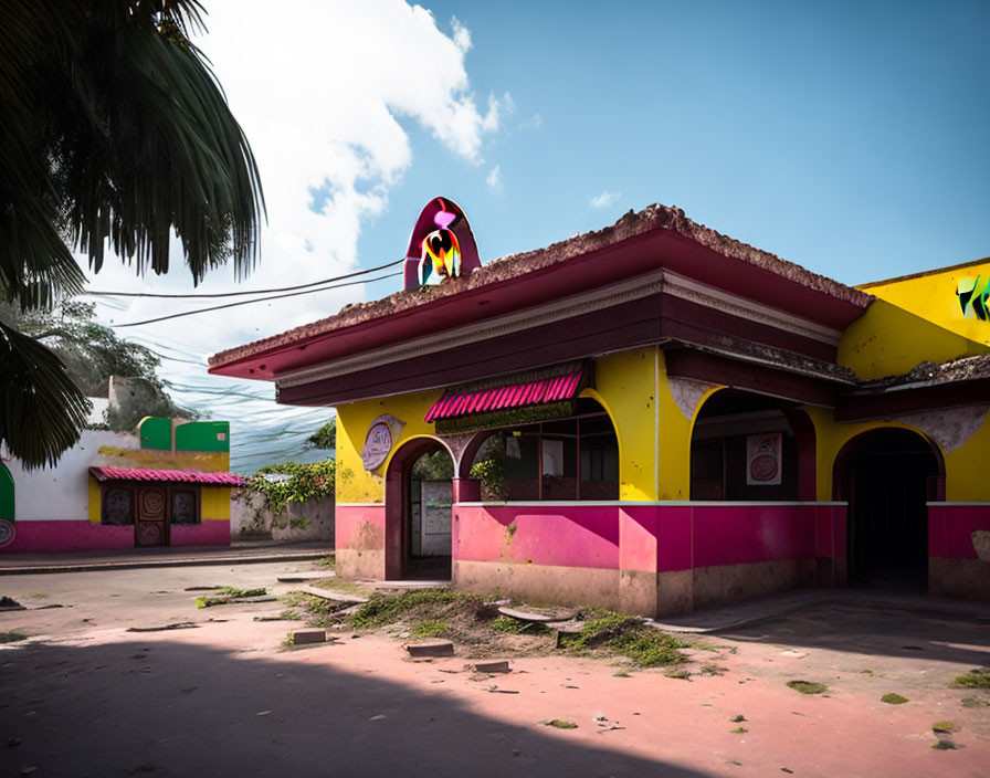 Colorful Yellow and Pink Building with Red Roof and Palm Trees