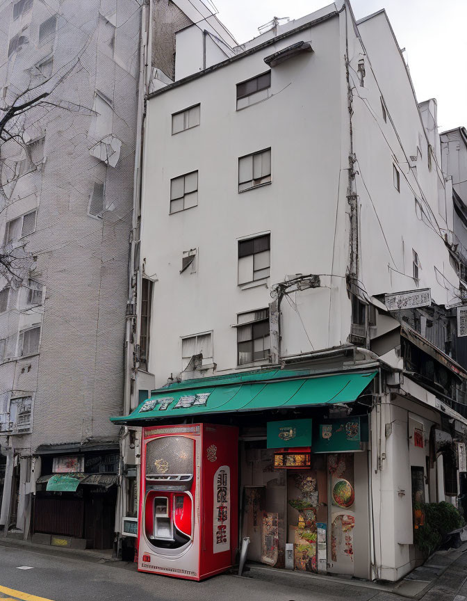 Urban corner shop with red signage under white building on overcast day