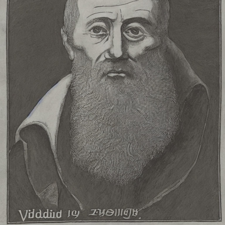 Monochrome illustration of a bearded man in a robe with inverted "Giuseppe" inscription