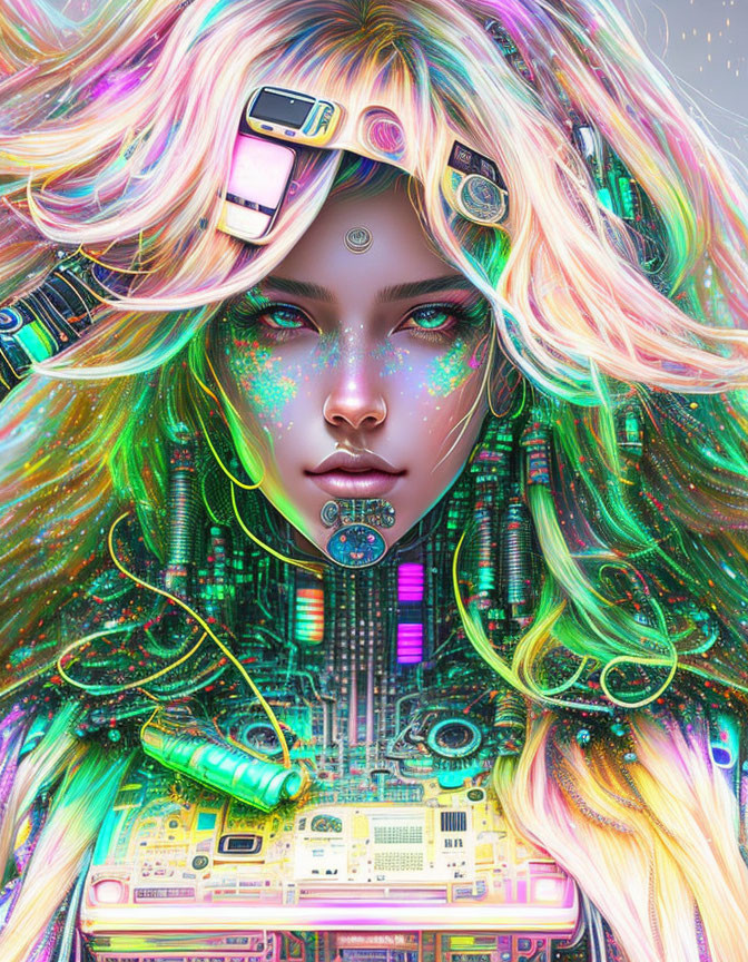 Digital artwork: Woman with multicolored hair & cybernetic enhancements