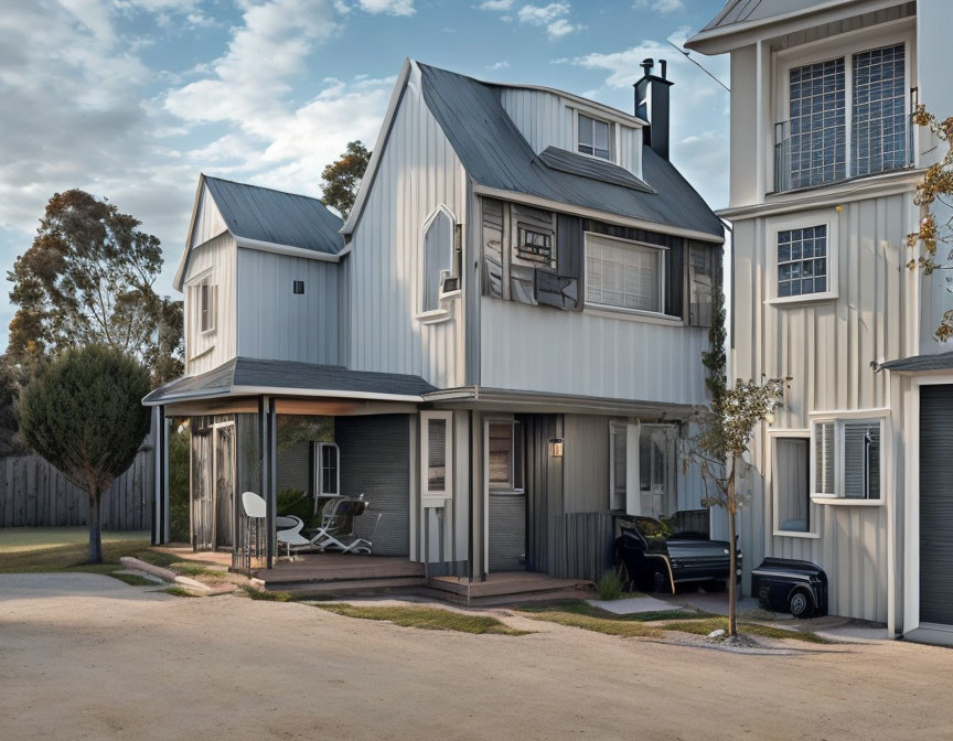 Modern Gray Two-Story House with Front Porch and Balcony