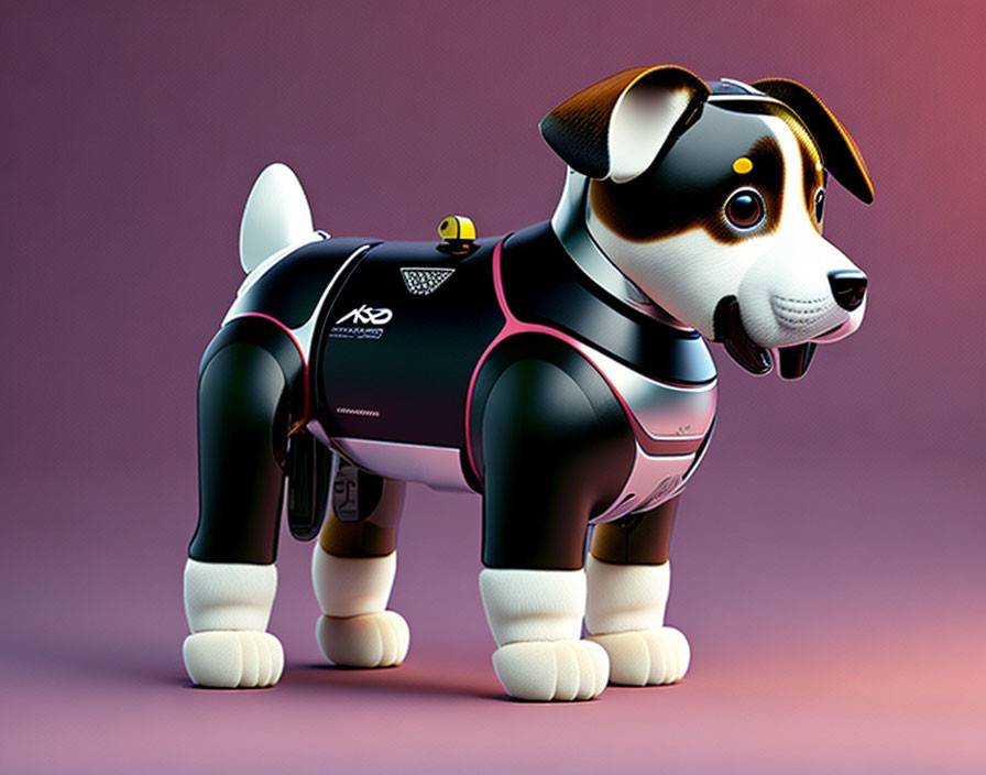 Robotic dog 3D illustration with black, white, and pink body on purple background