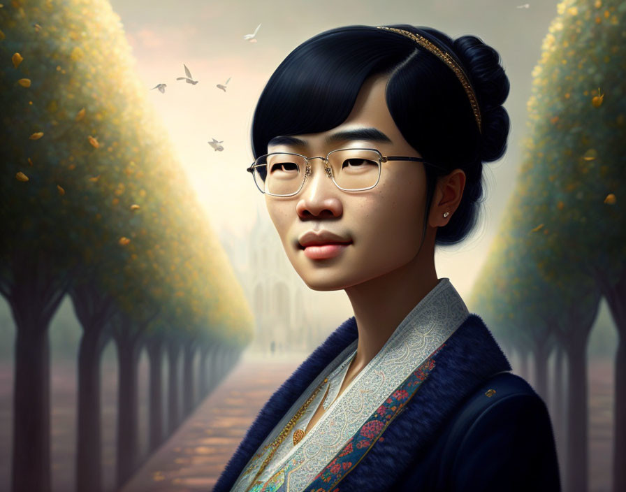 Digital portrait of young Asian woman in glasses and traditional attire against autumnal backdrop