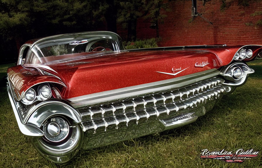 Vintage Red and White Car with Tailfins and Chrome Grille in Nature