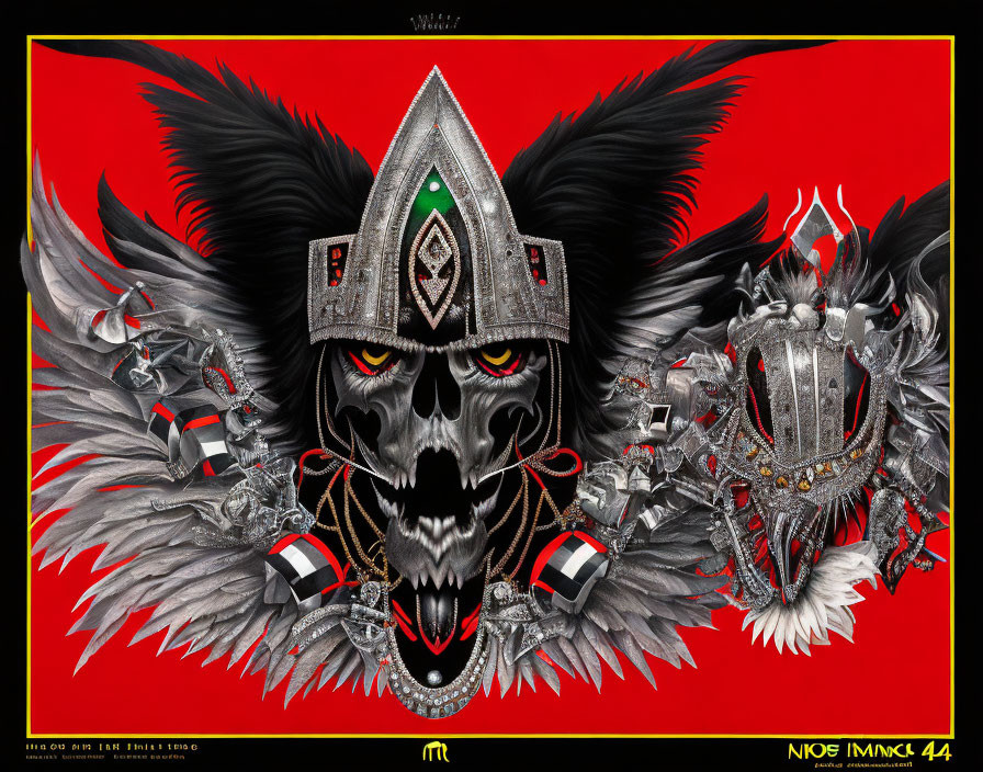 Symmetrical artistic depiction of menacing skull with black feathers and green jewel on red background