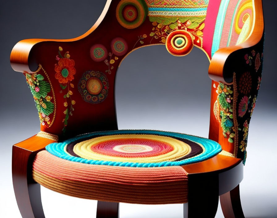 Colorful Patterned Chair with Round Cushion & Concentric Circles